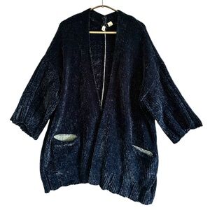 Anthropologie Moth Chennile Cardigan Chunky Knit Oversize Navy Blue Size S